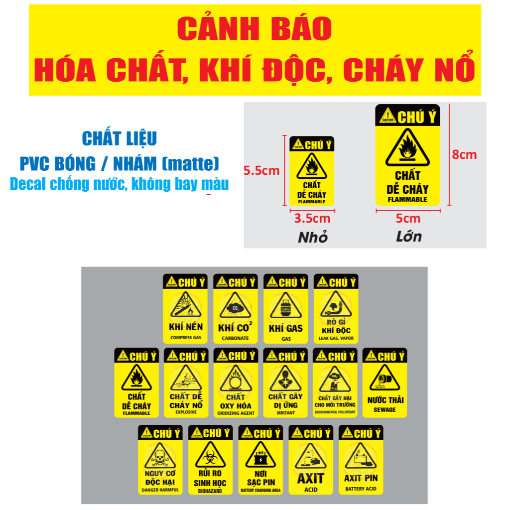 Tem CẢNH BÁO HÓA CHẤT, KHÍ ĐỘC, CHÁY NỔ. Decal DỄ CHÁY PVC BÓNG. Chống nước, BỀN MÀU, nhiều mẫu