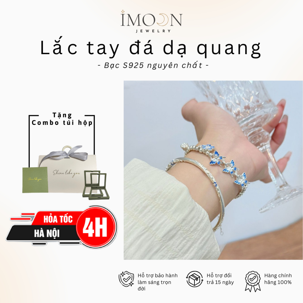 Lắc tay kiềng nữ hoa đính đá họa tiết khắc chìm dạ quang Imoon Jewelry
