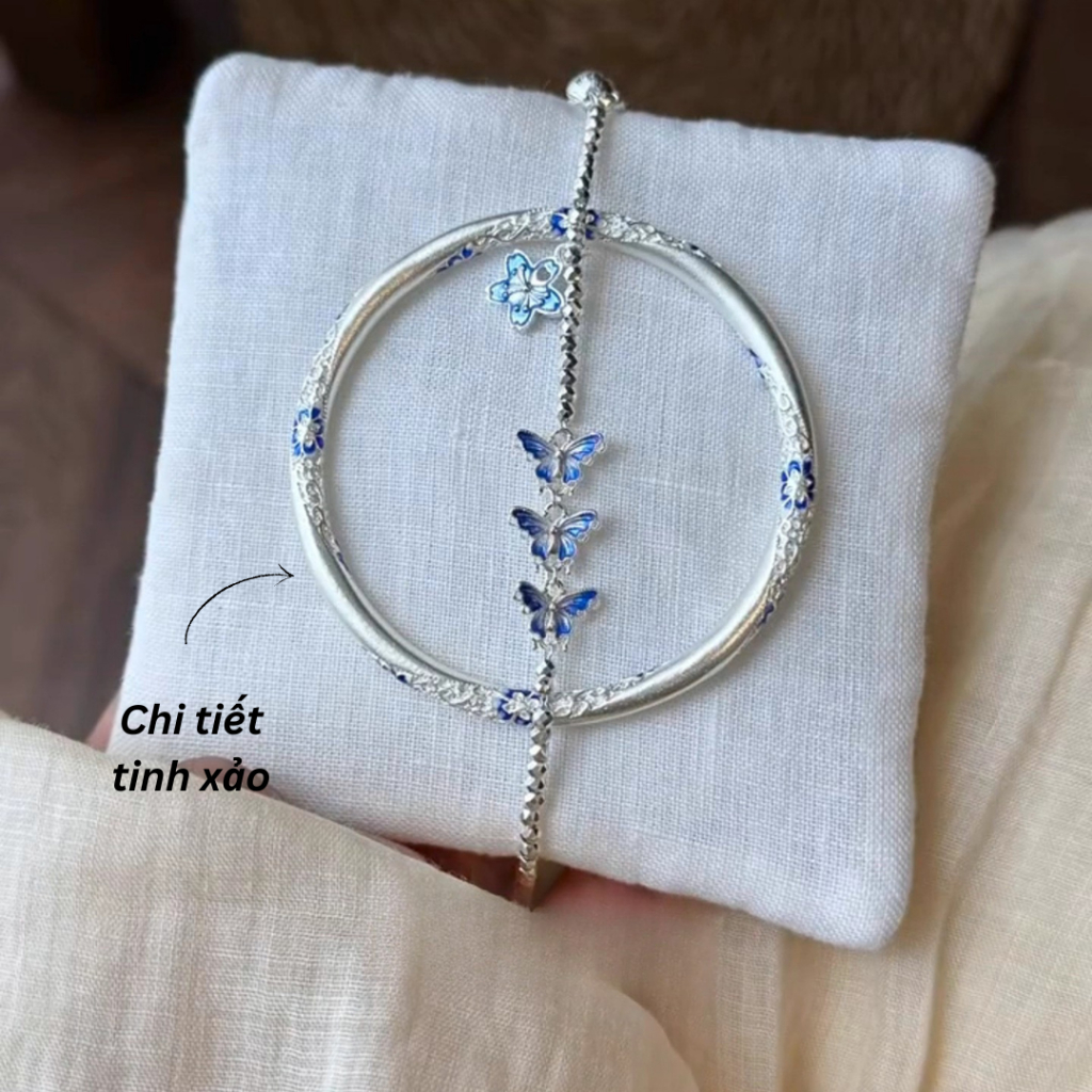 Lắc tay kiềng nữ hoa đính đá họa tiết khắc chìm dạ quang Imoon Jewelry