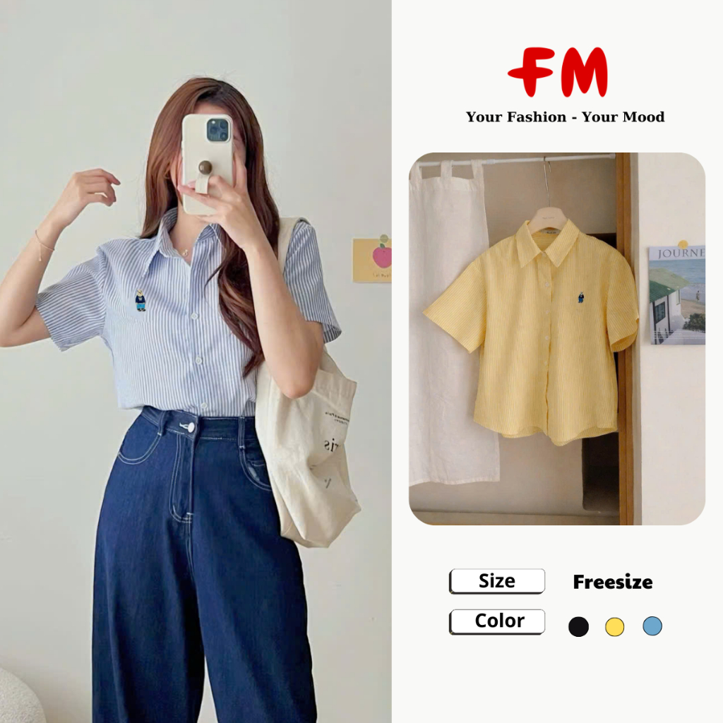 Áo Sơ Mi Nữ FMSTYLE Tay Ngắn Kẻ Sọc Thêu Hình Gấu - Áo Kiểu Nữ Form Rộng Style Hàn Quốc 26030266