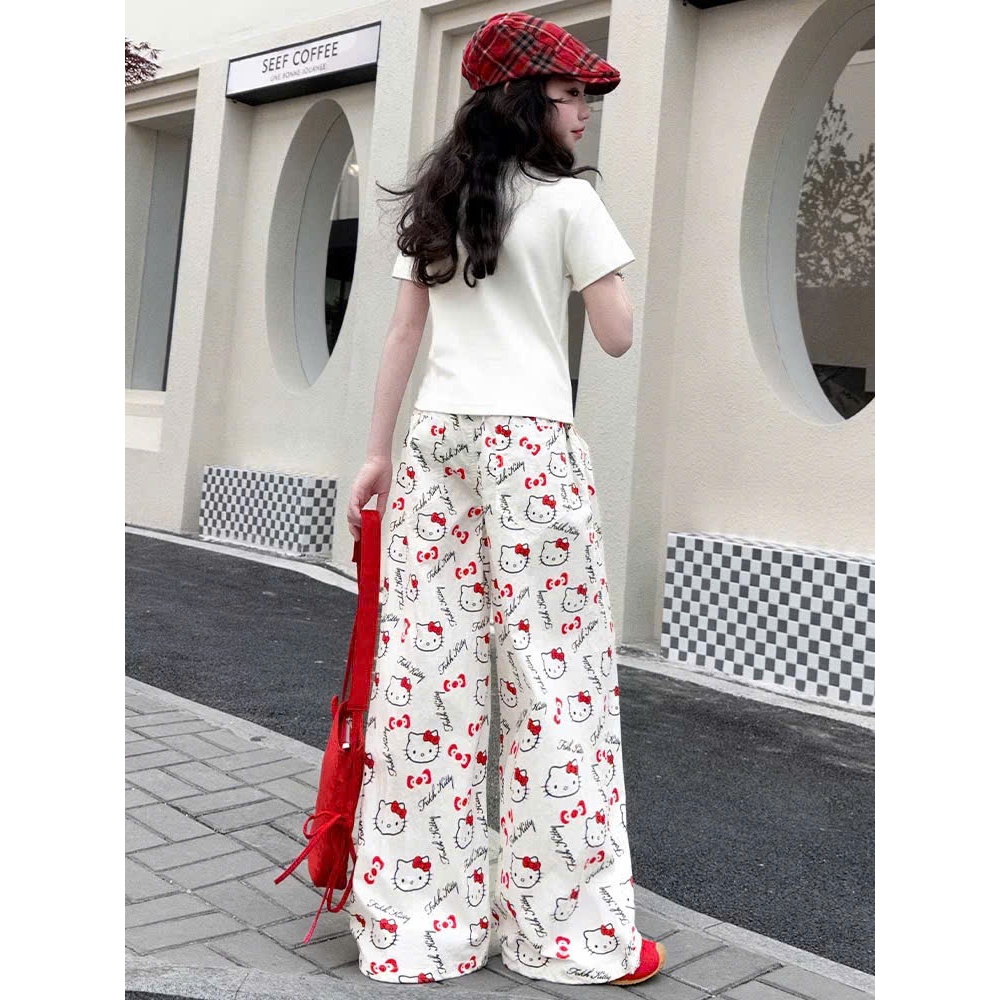 Set đồ bé gái áo thun in hình mèo dễ thương phối quần dài ống rộng hoạ tiết xinh xắn phong cách năng động mùa hè
