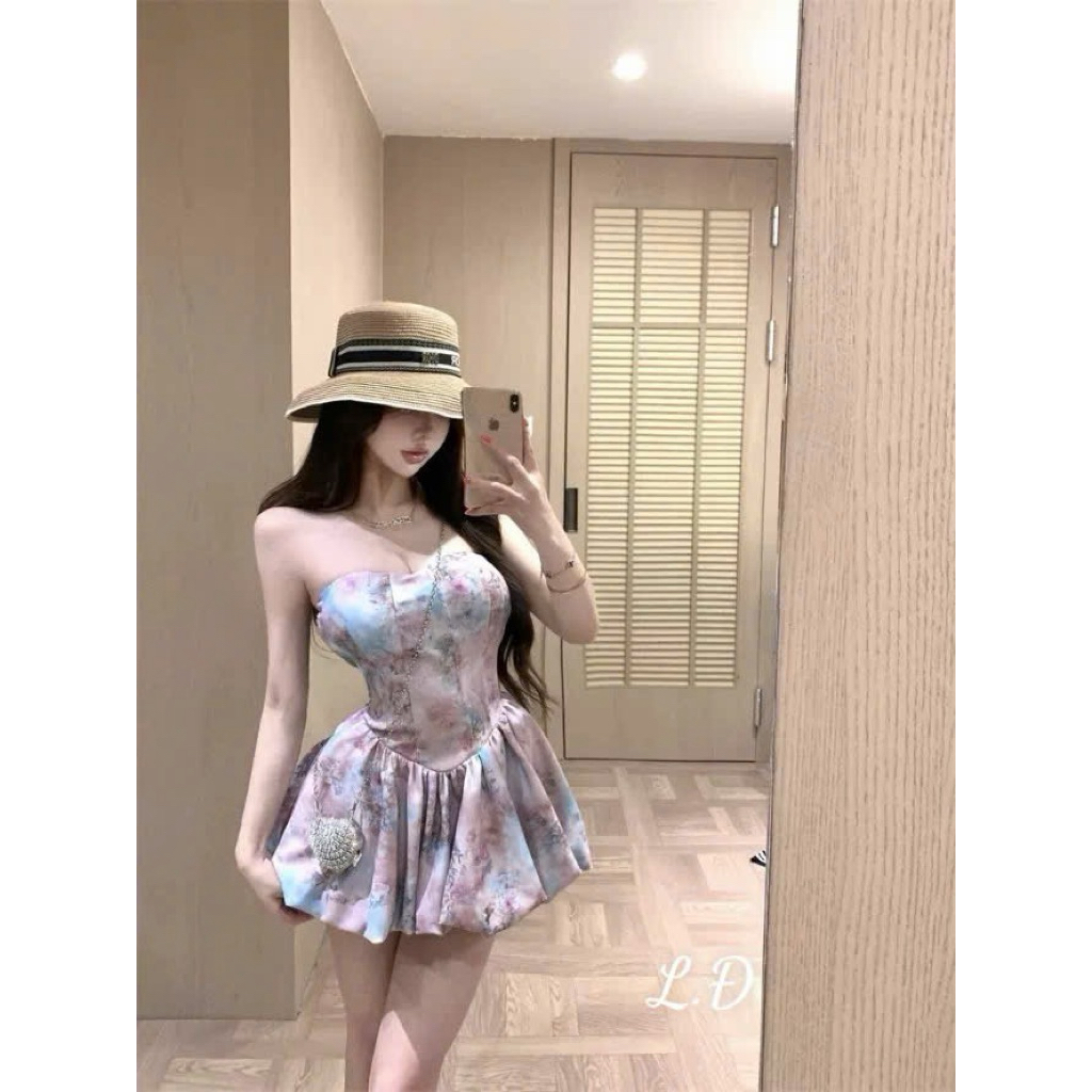 Đầm cúp quây hoa phồng kèm quần Đoàn Thương