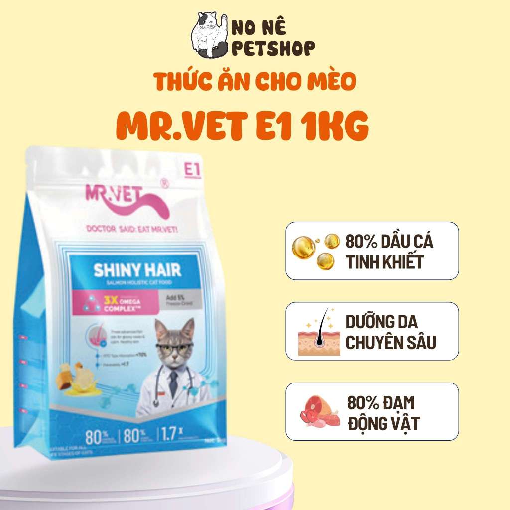 [MỚI] Hạt Cho Mèo MRVET E1 Gói 1KG Dưỡng Lông Chuyên Sâu Từ Dầu Cá Tinh Khiết, 80% Đạm cá hồi & gà