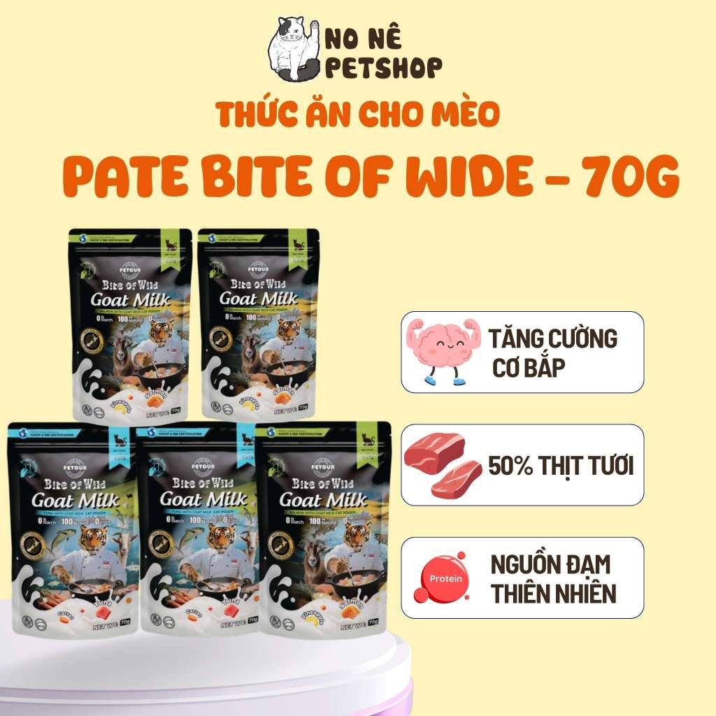Pate Bite of Wild Cao Cấp Hộp 12 Gói 70G Công Thức Sữa Dê, Giàu Đạm, Ít Béo Cho Mèo Từ 2 Tháng Tuổi