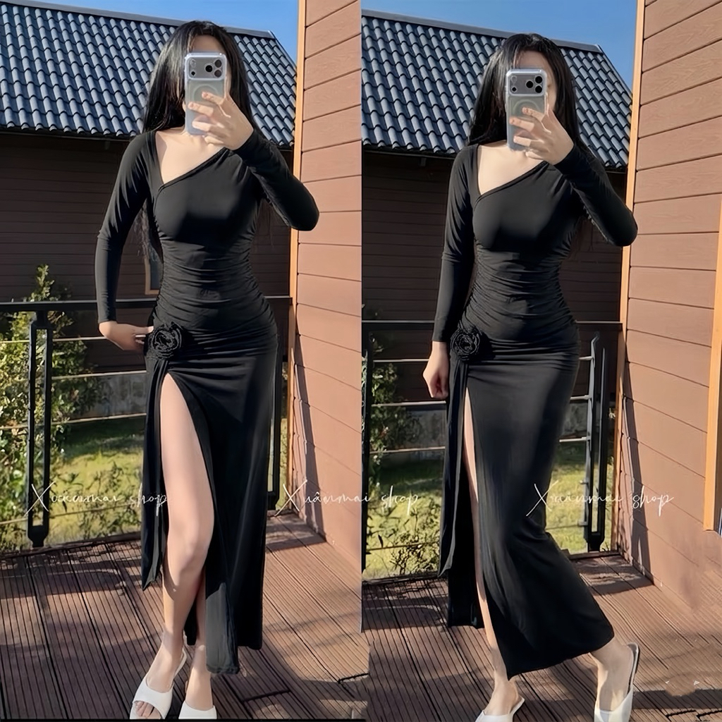 [LỆCH VAI ]Đầm body LỆCH VAI XẺ HÔNG TRÁI thun lụa mịn Ladong Xuân Mai Shop