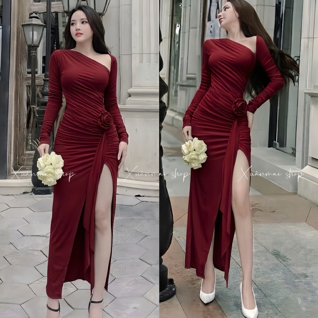 [LỆCH VAI ]Đầm body LỆCH VAI XẺ HÔNG TRÁI thun lụa mịn Ladong Xuân Mai Shop