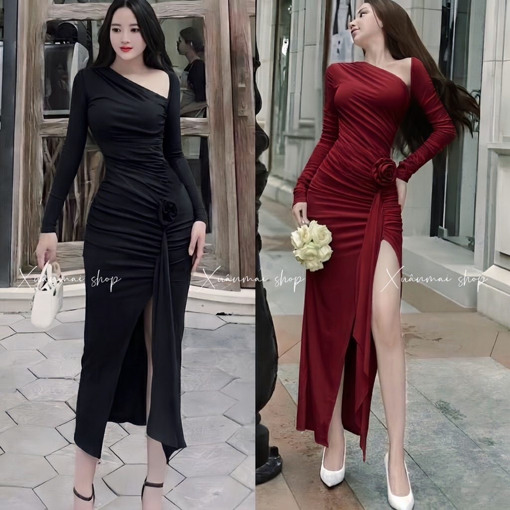 [LỆCH VAI ]Đầm body LỆCH VAI XẺ HÔNG TRÁI thun lụa mịn Ladong Xuân Mai Shop