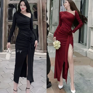 Đầm body LỆCH VAI XẺ HÔNG TRÁI thun lụa mịn Ladong Xuân Mai Shop