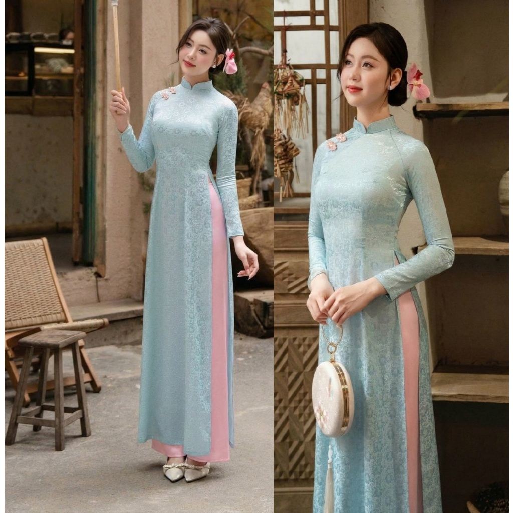 Áo dài dáng ôm truyền thống lụa gấm hoa đính khuy vải nhiều màu pastel đính khuy vải mặc lễ tết, bưng quả đi chùa T1603G