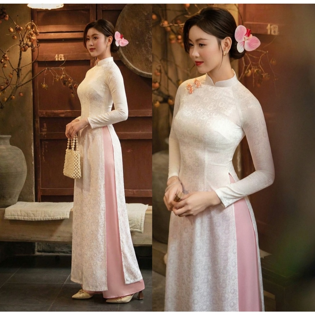 Áo dài dáng ôm truyền thống lụa gấm hoa đính khuy vải nhiều màu pastel đính khuy vải mặc lễ tết, bưng quả đi chùa T1603G