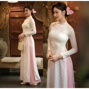 Áo dài dáng ôm truyền thống lụa gấm hoa đính khuy vải nhiều màu pastel đính khuy vải mặc lễ tết, bưng quả đi chùa T1603G