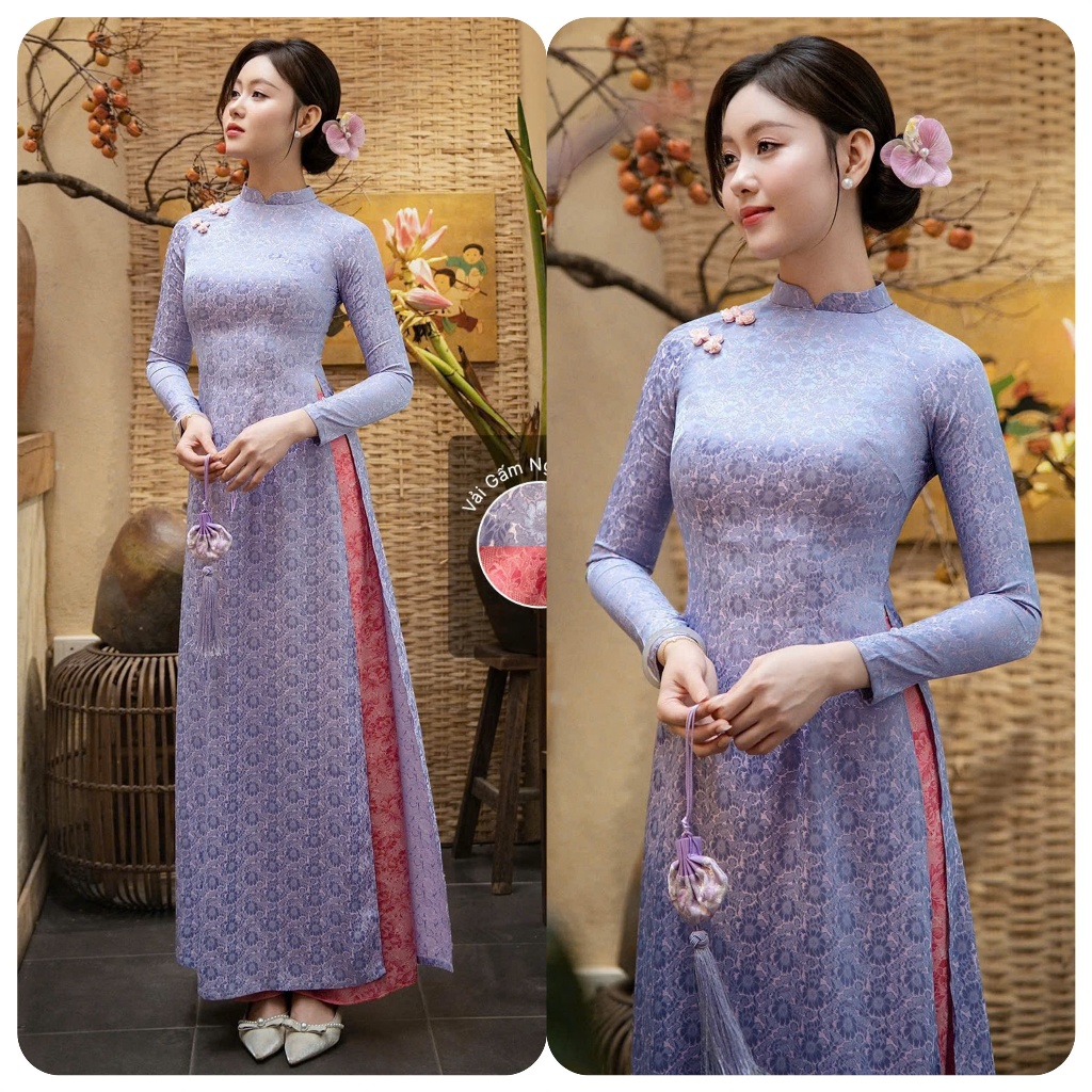 Áo dài dáng ôm truyền thống lụa gấm hoa đính khuy vải nhiều màu pastel đính khuy vải mặc lễ tết, bưng quả đi chùa T1603G