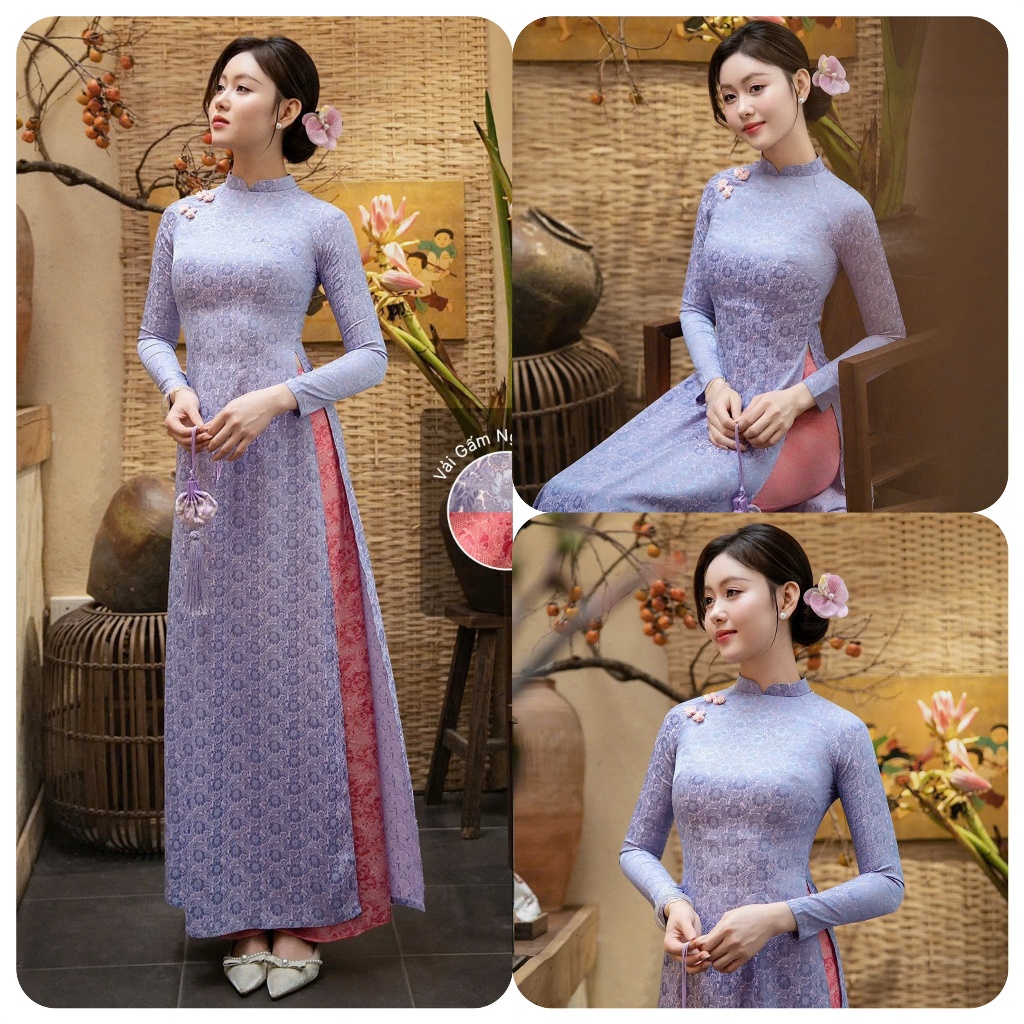Áo dài dáng ôm truyền thống lụa gấm hoa đính khuy vải nhiều màu pastel đính khuy vải mặc lễ tết, bưng quả đi chùa T1603G