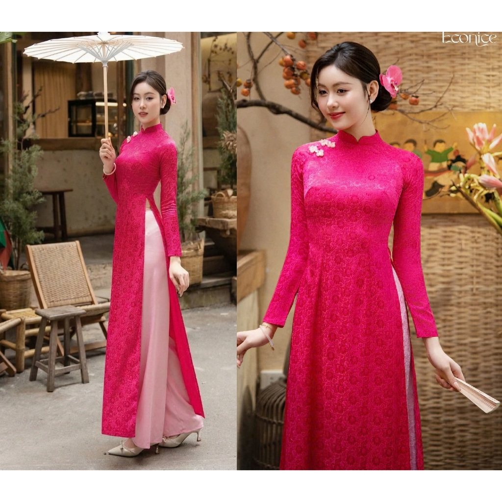 Áo dài dáng ôm truyền thống lụa gấm hoa đính khuy vải nhiều màu pastel đính khuy vải mặc lễ tết, bưng quả đi chùa T1603G