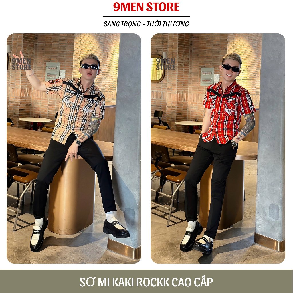 Áo Sơ Mi Nam Tay Ngắn Họa Tiết Caro Thêu Thời Thượng Chất Lụa Cotton Thoáng Mát Form Tôn Dáng 2315