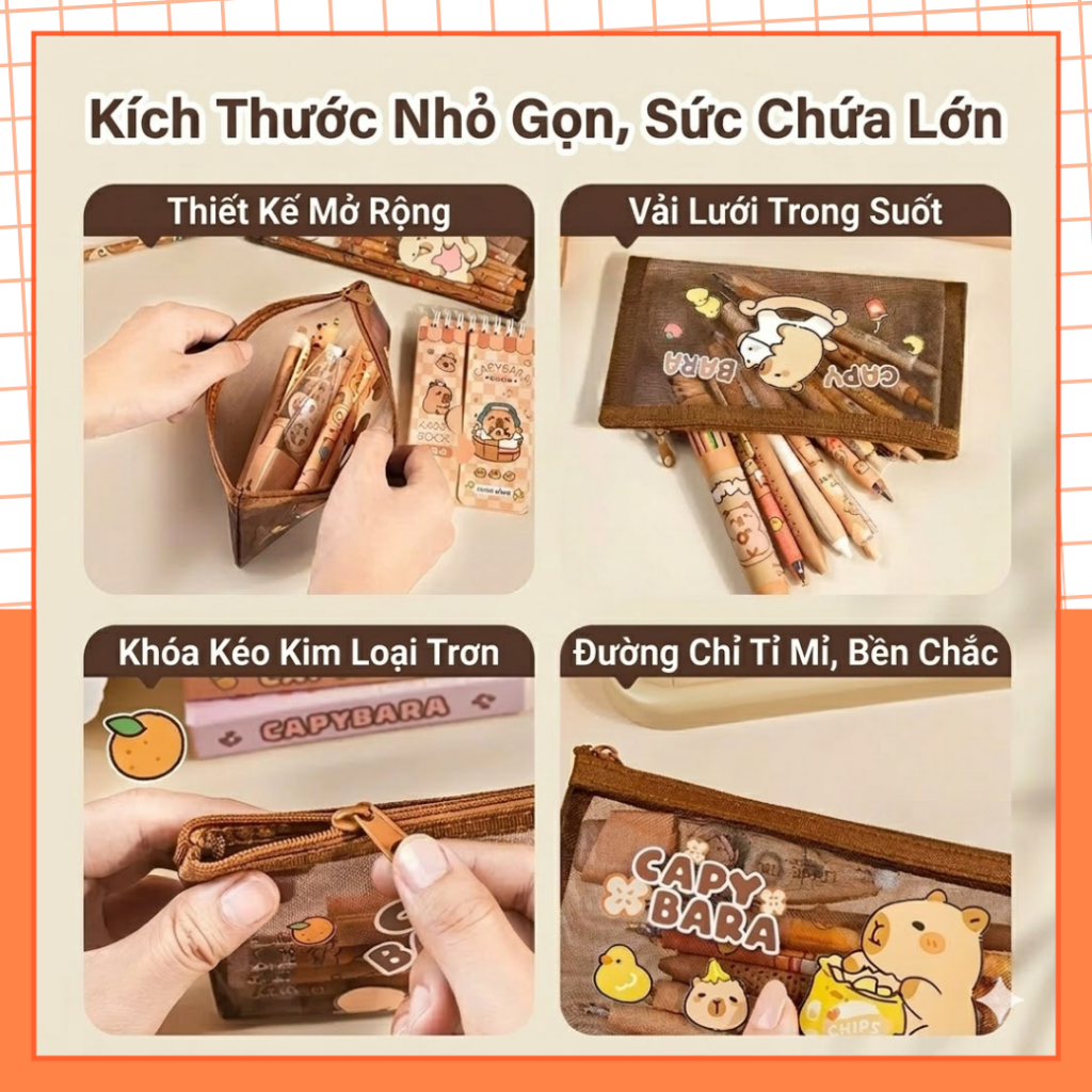 Túi Đựng Bút Lưới Trong Suốt Capybara MEKI Size Lớn Hàn Quốc - Hộp Bút Cute Đa Năng | BigBuy360 - bigbuy360.vn
