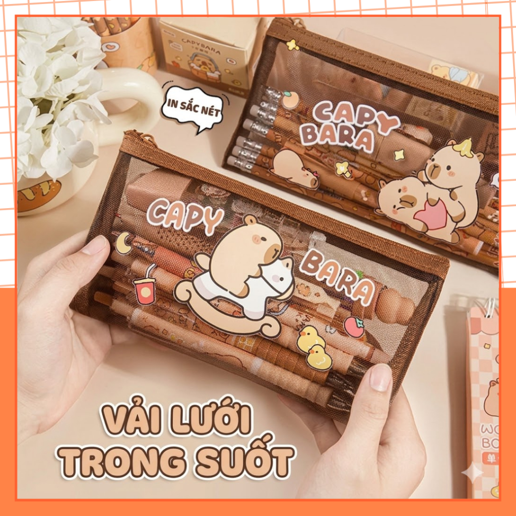 Túi Đựng Bút Lưới Trong Suốt Capybara MEKI Size Lớn Hàn Quốc - Hộp Bút Cute Đa Năng | BigBuy360 - bigbuy360.vn