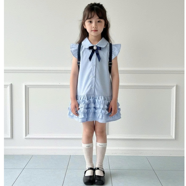 Váy Bé Gái Hania Kids Kiểu Sơ Mi Nơ Xanh Phối Bèo Tầng Dễ Thương Chất Liệu Cotton Mềm Mại