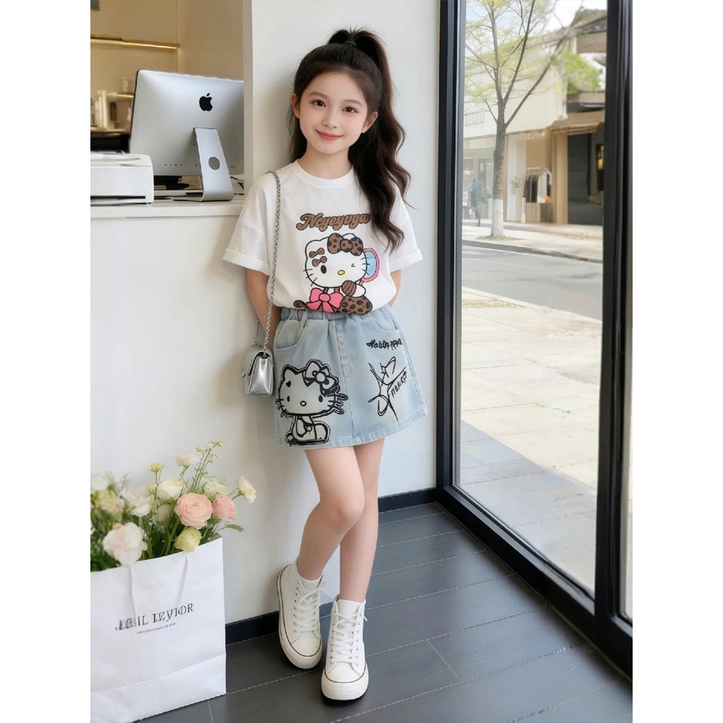 Set đồ bé gái áo thun in hình dễ thương phối chân váy jean ngắn năng động cho mẹ bé sét đồ mùa hè xinh xắn cho bé13-55kg