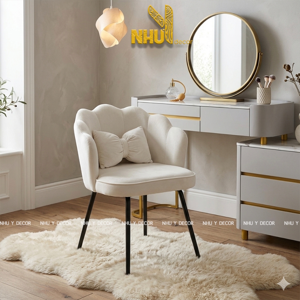 Ghế trang điểm vương miện phòng ngủ phối nơ phong cách tối giản hiện đại - Ghế Decor Spa, Makeup, Bar Làm Nail
