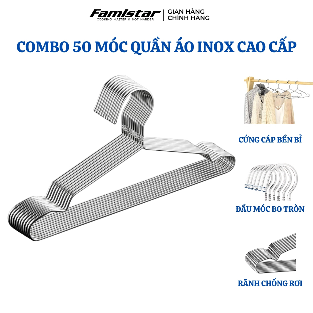 Combo 50 móc treo quần áo INOX Famistar, móc phơi quần áo, móc quần áo, móc treo quần áo trẻ em MQA