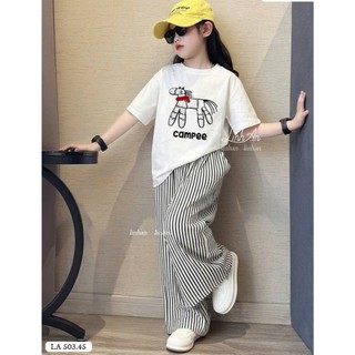 [B&G] Sét bộ áo thun đen cá tính kèm quần ống rộng sọc trắng đen cho bé gái từ 10-45kg