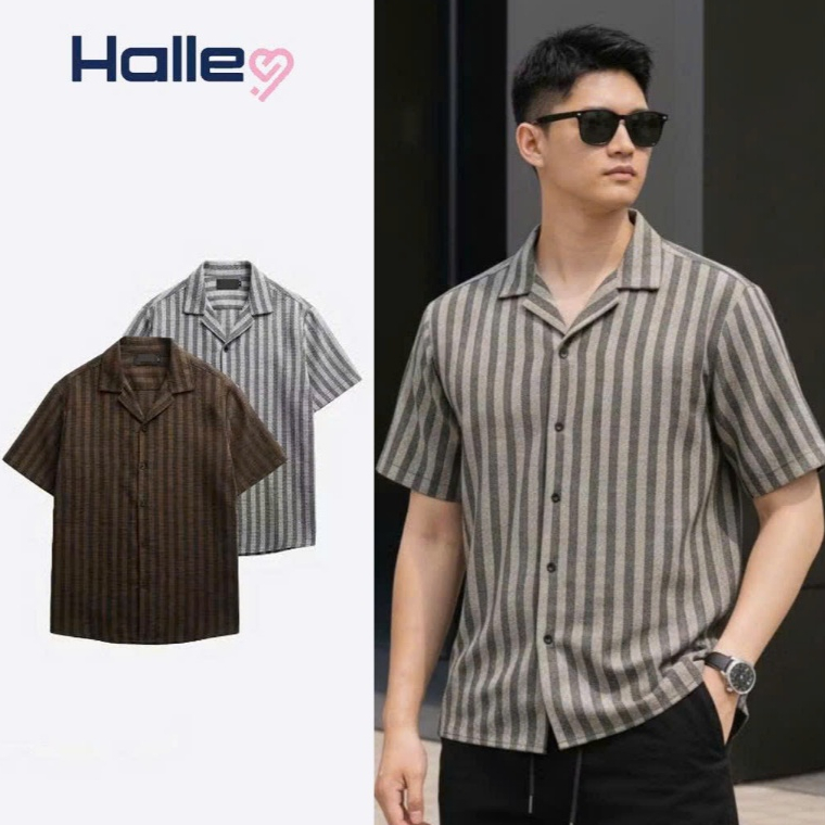 Áo Sơ Mi Đũi Nam Halley Kẻ Sọc Cổ Bẻ Hàn Quốc Sơ Mi Nam Cộc Tay Thoáng Mát Đi Biển Đi Chơi A49