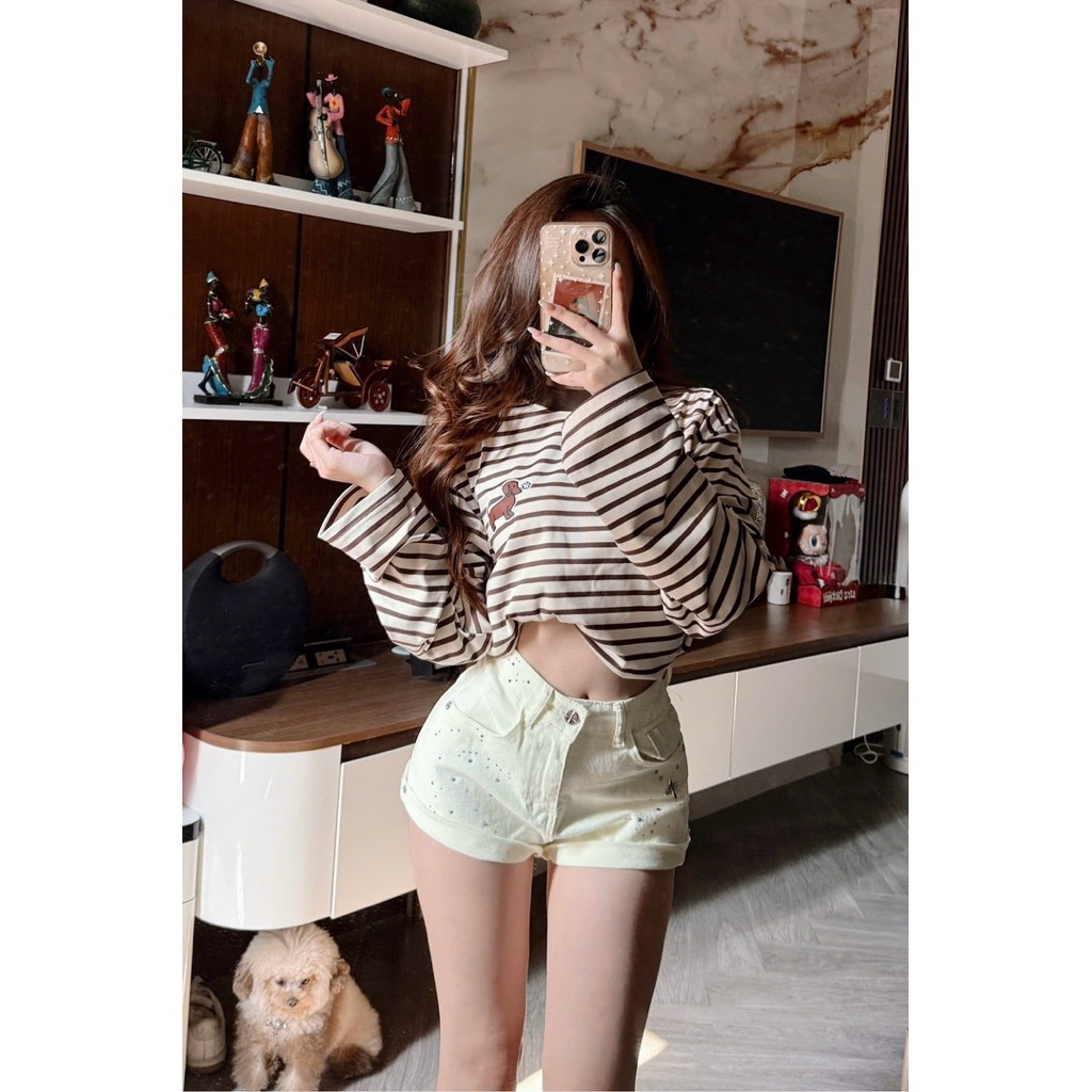 𝑺𝒔𝒖.𝑺𝒕𝒖𝒅𝒊𝒐[CÓ SẴN-RẺ VÔ ĐỊCH]QUẦN SOOC DENIM ĐÍNH ĐÁ-QUẦN SOOC JEANS CẠP CAO ĐÍNH ĐÁ MÀU KEM