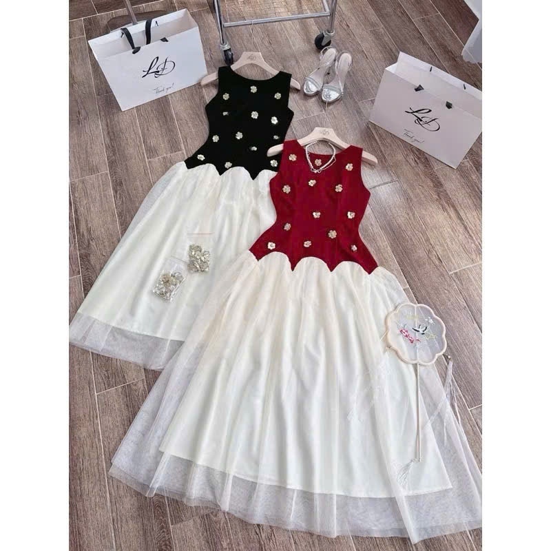 Đầm bé gái phối lưới dáng xòe đính kim sa bling bling nổi cao cấp, váy tiểu thư sang trọng mẹ và bé diện dự tiệc