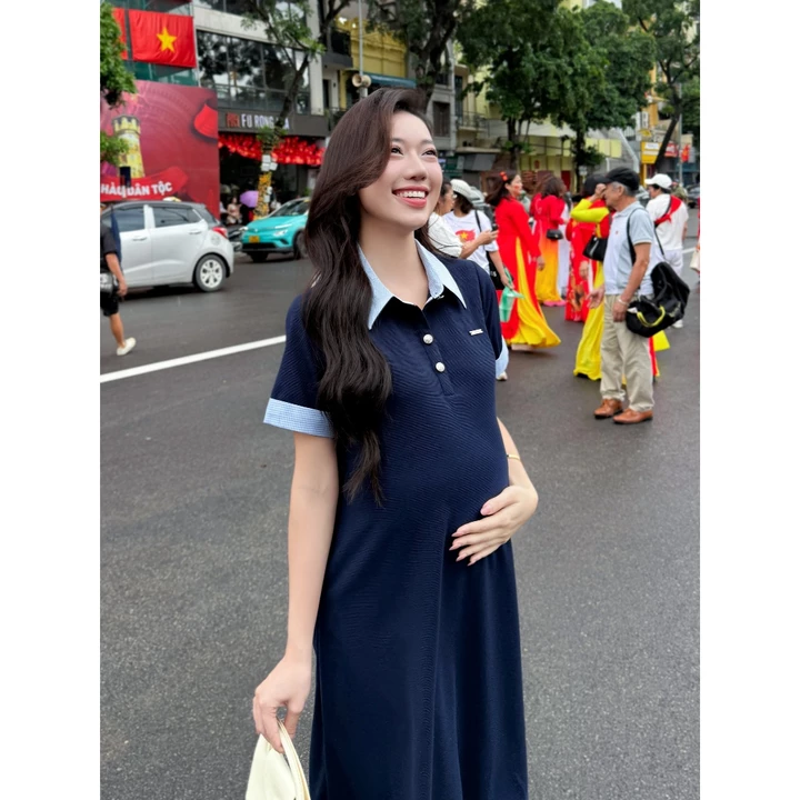 Váy suông basic phối cổ polo chất liệu cotton gạo Remy Dress, Váy bầu form suông giấu bụng cho mẹ bầu và sau sinh