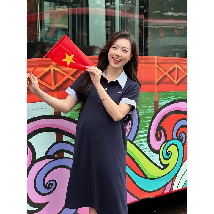Váy suông basic phối cổ polo chất liệu cotton gạo Remy Dress, Váy bầu form suông giấu bụng cho mẹ bầu và sau sinh