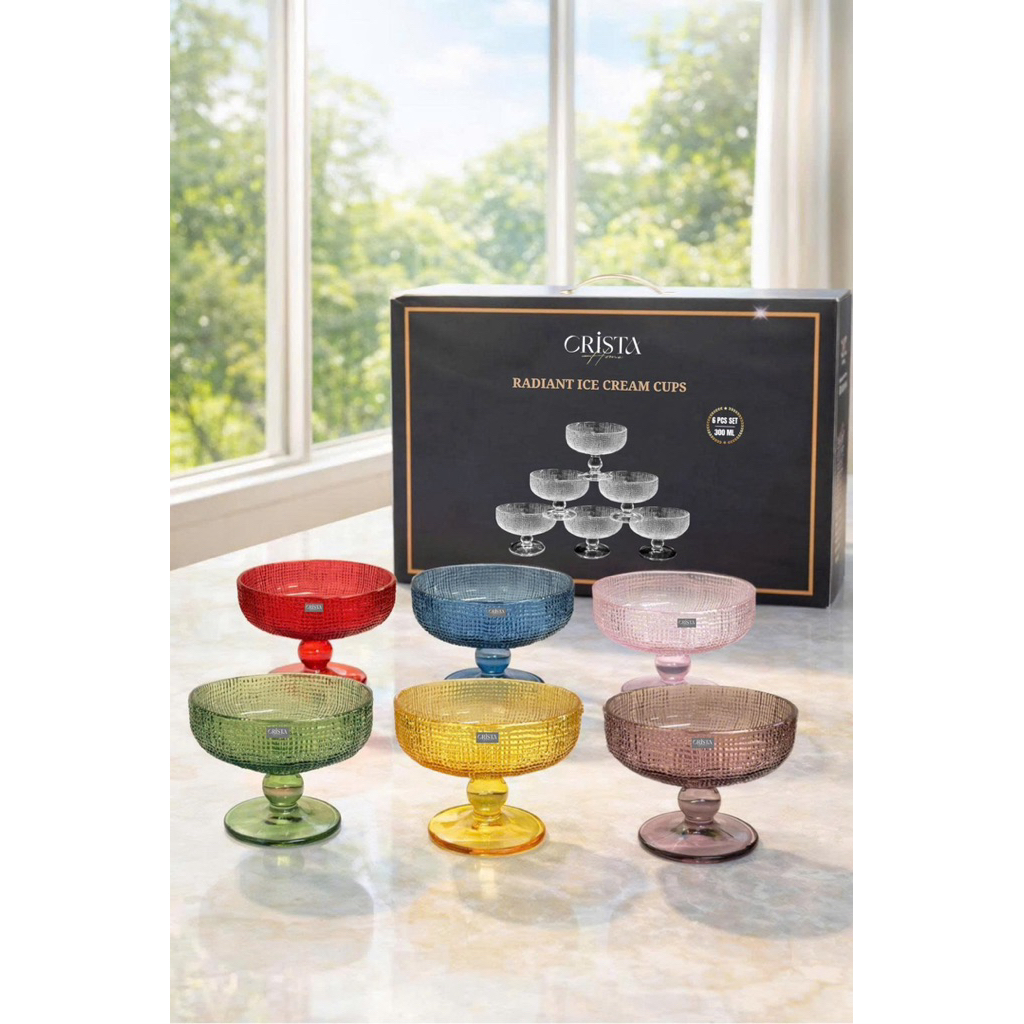 Crista Home Chính Hãng | Bộ 6 Ly Kem Thủy Tinh Radiant 300ml – Cốc Đế Cao Vân Lưới Sang Trọng