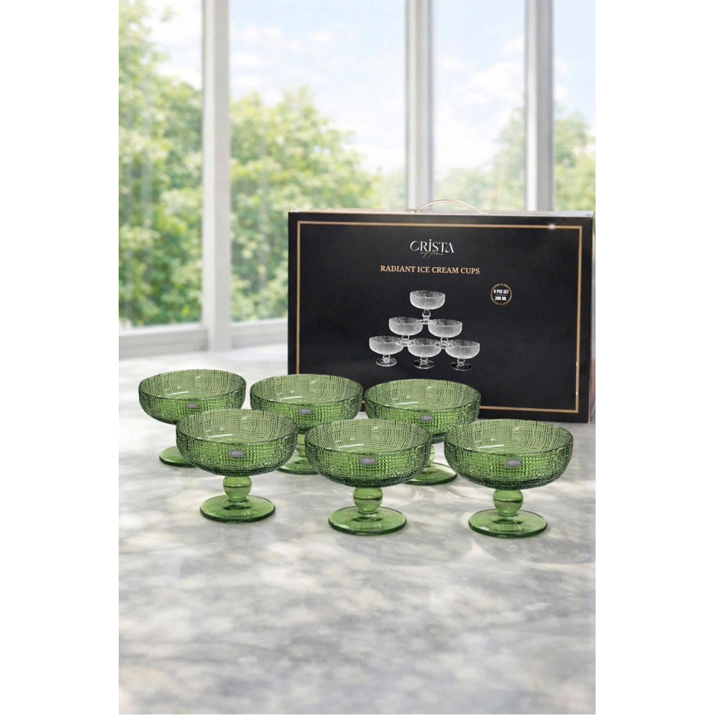 Crista Home Chính Hãng | Bộ 6 Ly Kem Thủy Tinh Radiant 300ml – Cốc Đế Cao Vân Lưới Sang Trọng