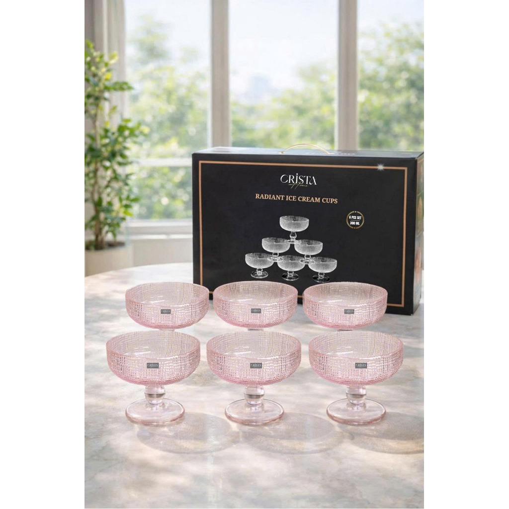 Crista Home Chính Hãng | Bộ 6 Ly Kem Thủy Tinh Radiant 300ml – Cốc Đế Cao Vân Lưới Sang Trọng