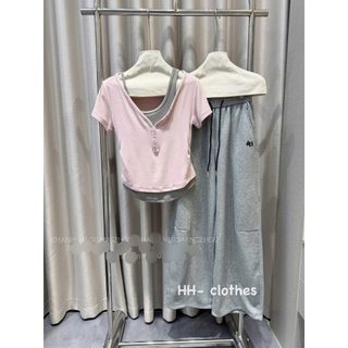 Sét áo hồng pha khoét cộc kèm quần xuông cạp chun