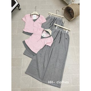 Sét áo hồng pha khoét cộc kèm quần xuông cạp chun