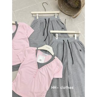 Sét áo hồng pha khoét cộc kèm quần xuông cạp chun
