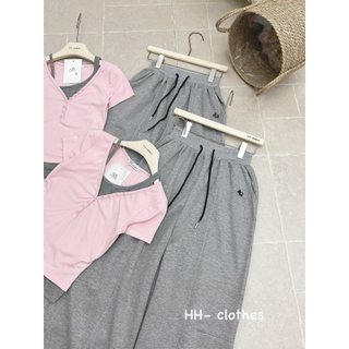 Sét áo hồng pha khoét cộc kèm quần xuông cạp chun