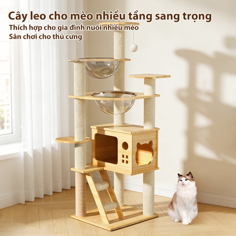 Nhà cho mèo căn hộ cho mèo căn hộ bằng gỗ cho mèo thích hợp cho 2-3 con mèo trụ cào móng lớn cho mèo