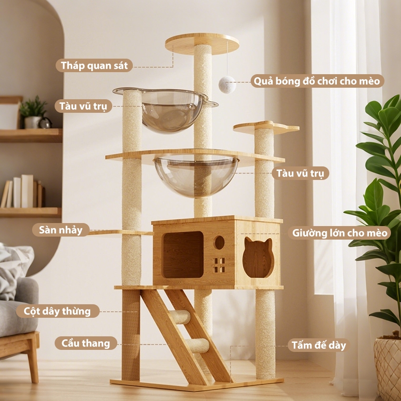 Nhà cho mèo căn hộ cho mèo căn hộ bằng gỗ cho mèo thích hợp cho 2-3 con mèo trụ cào móng lớn cho mèo