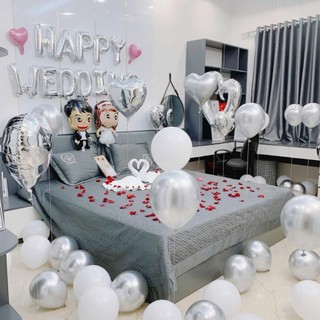 Set Bóng Bay Màu Bạc Hottrend Trang Trí Phòng Cưới Tân Hôn Lãng Mạn Tặng Đồ Bơm Băng Dính