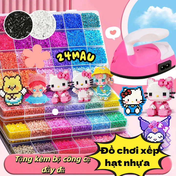 Bộ dụng cụ đầy đủ Hạt Perler 24 màu, 8400+ chiếc, Đồ chơi ủi nhiệt ghép hình pixel thủ công, Quà tặng thủ công cho trẻ