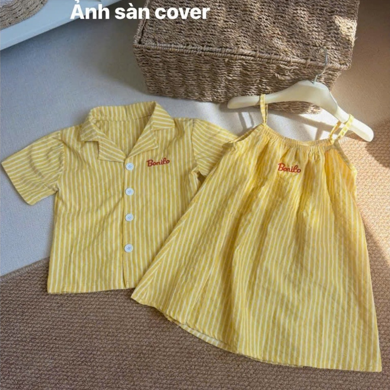 Sẵn Ship-  Set Váy 2 dây đi biển tone Vàng vải Cover Bonito cho bé gái đi biển, đi chơi đi học size 7-18kg mặc xinh