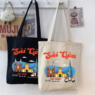 Túi tote, Túi vải bố canvas cotton Du lịch Sài Gòn đeo vai đi học đi chơi thời trang đựng vừa A4 - tot2229