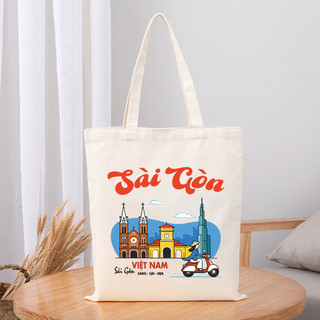 Túi tote, Túi vải bố canvas cotton Du lịch Sài Gòn đeo vai đi học đi chơi thời trang đựng vừa A4 - tot2229