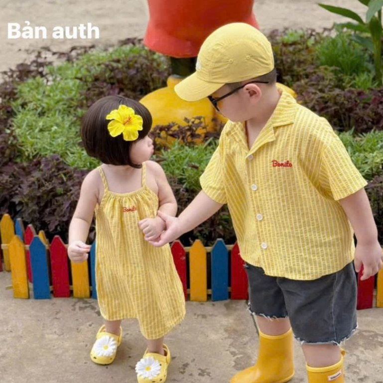 Sẵn Ship-  Set Váy 2 dây đi biển tone Vàng vải Cover Bonito cho bé gái đi biển, đi chơi đi học size 7-18kg mặc xinh