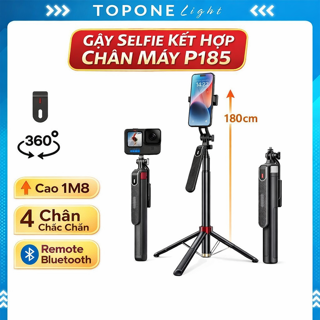 Gậy Chụp Ảnh 4 Chân Selfie P185 Xoay 360 Kiêm Tripod Điện Thoại Để Chụp Hình Quay Video,Livestream Gấp Gọn