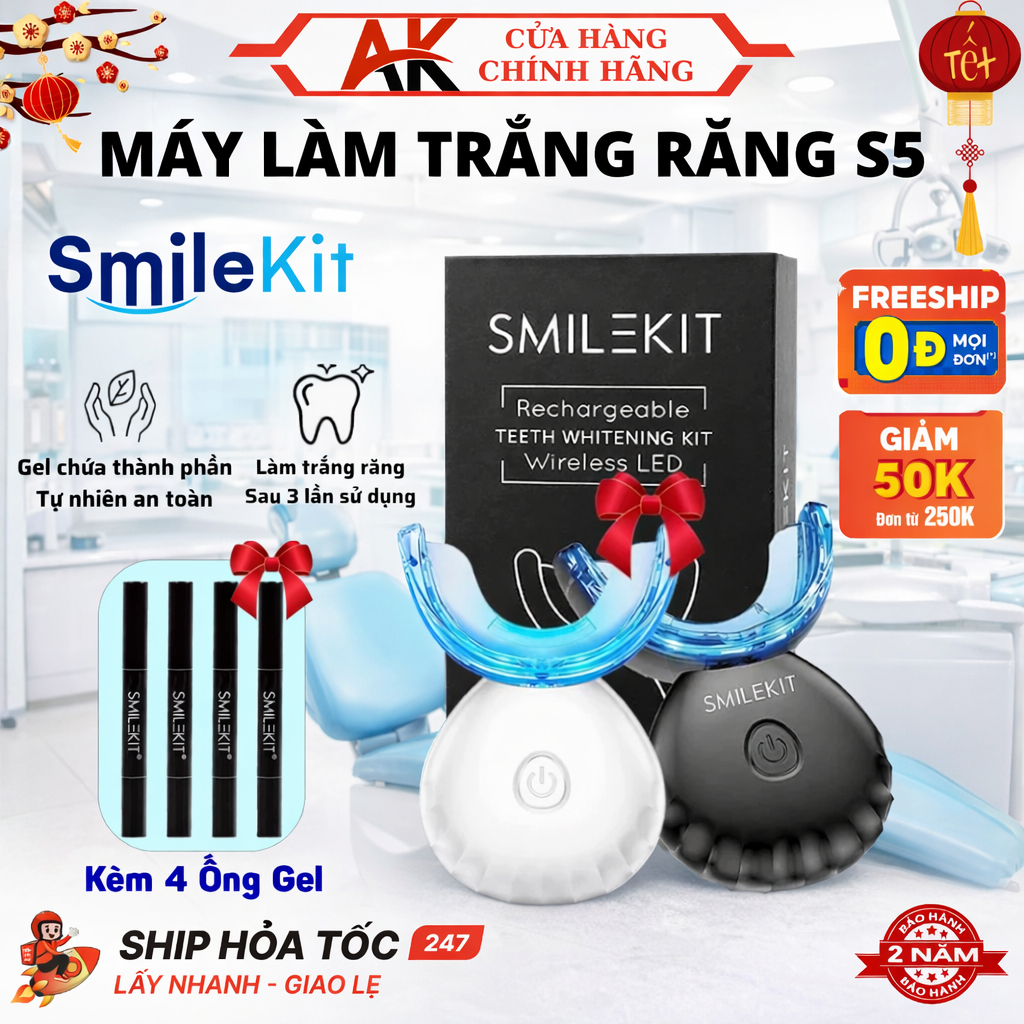 Máy Làm Trắng Răng SMILEKIT S5 Giúp Răng Trắng Sáng Hiệu Quả, An Toàn, Không Ê Buốt, BH 24 Tháng