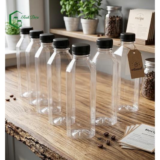 [Sỉ Tận Xưởng] Set 25 Chai Nhựa PET Vuông Trong Dày 280-320ml Nắp Vặn Đựng Trà Thái Trà Sữa Nước Ép