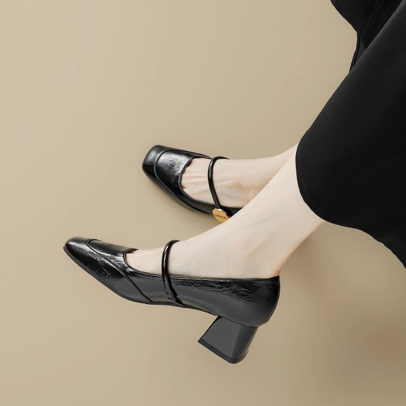 [PY] Giày cao gót nữ Mary Jane sandal quai mũi vuông gót bản 5cm thoải mái đi làm cả ngày da PU chính hãng